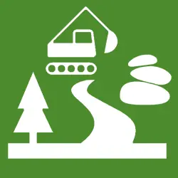Weißes Symbol: Baum, Weg, Felsen, Bagger - symbolisiert Weg- oder Landschaftsbauarbeiten.