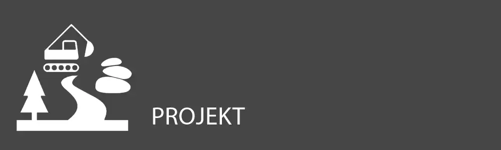 Weißes Haus, Bagger, Kiefer, Straße, Steine, Grafik mit "PROJEKT"-Text. Weißes Haus, Bagger, Kiefer, Straße, Steine, Grafik mit "PROJEKT"-Text.