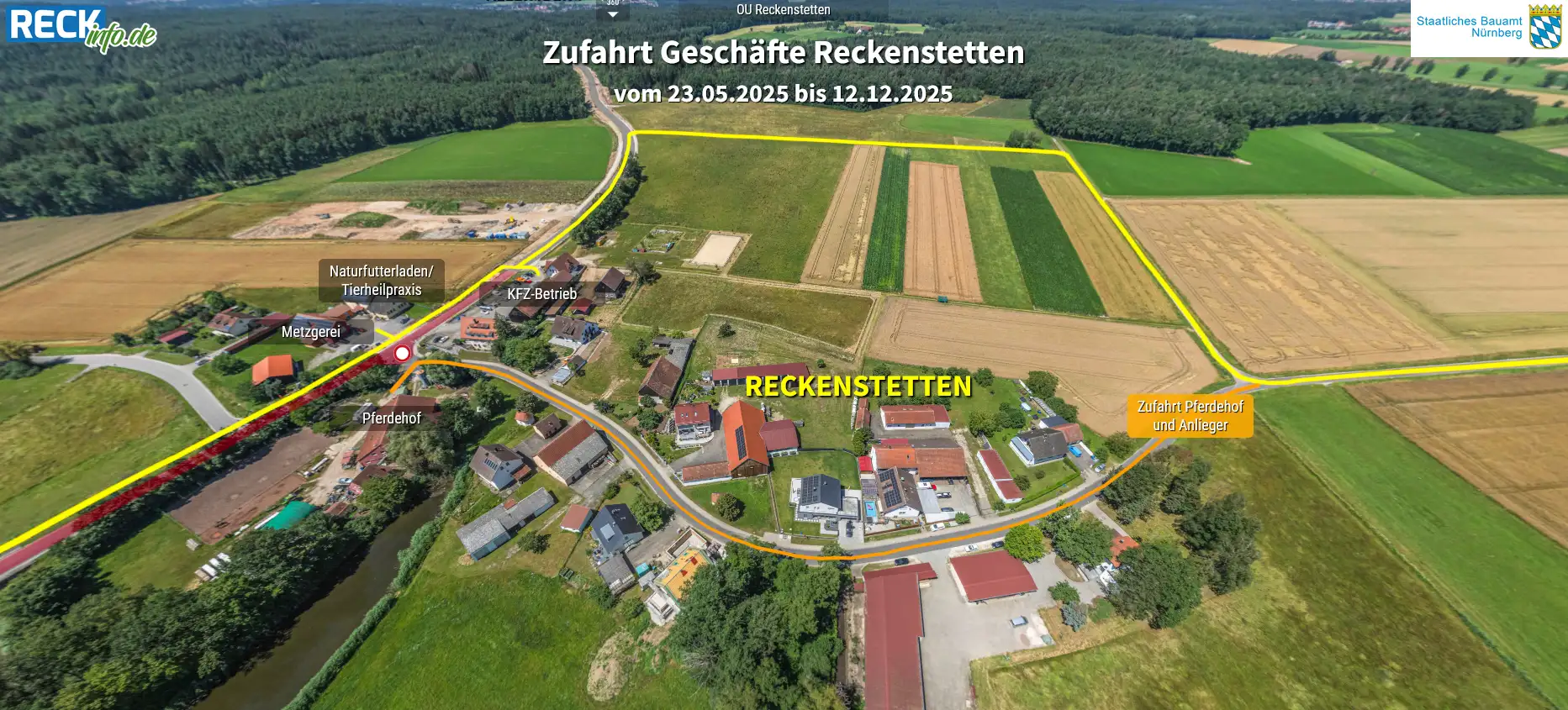 Luftaufnahme der Reckenstettener Umleitungsstrecke für die Straßenbauarbeiten 2025.